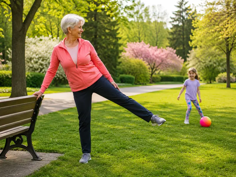 Femeie în vârstă plimbându-se activ printr-un parc însorit — mișcarea regulată ajută la prevenirea căderilor și a fracturilor în osteoporoză